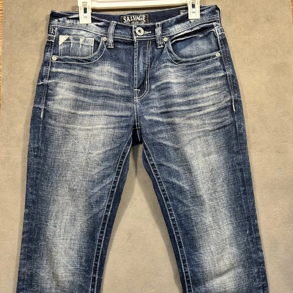 Salvage Jeans Women Blue Distressed Whiskered Contrast Stitch Size 27 Buckle